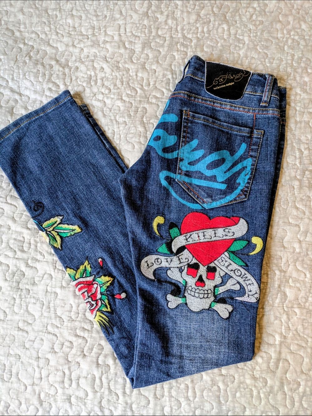 Ed Hardy Vintage Blue Skinny Jeans with Colorful Tattoo-Style Embroidery